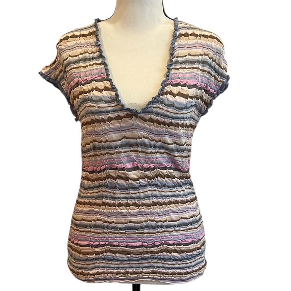 Missoni Multicolor Neutral Knit Top V-neck Short Sleeve Vintage Small Med Italy